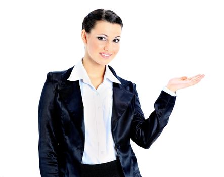 Beautiful business woman with his empty hand. Isolated on a white background.