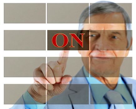 Businessman in age, click on the button. Isolated on a white background.