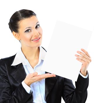 Nice business woman with a white banner. Isolated on a white background.