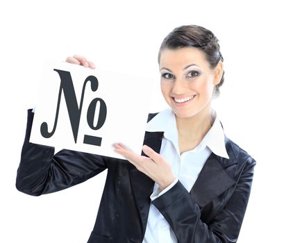 Beautiful businesswoman with a sign rooms. Isolated on a white background.
