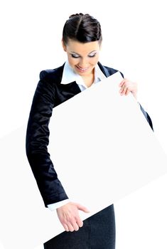 Beautiful business woman with a white banner. Isolated on a white background.