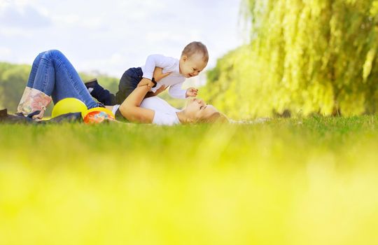 happy mother and son on a walk on a Sunny day