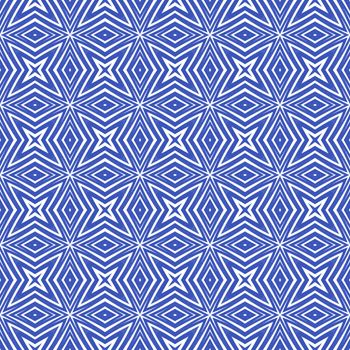 Ikat repeating swimwear design. Indigo symmetrical kaleidoscope background. Textile ready classy print, swimwear fabric, wallpaper, wrapping. Summer ikat sweamwear pattern.
