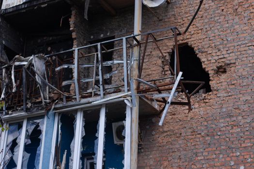 War in Ukraine. abandoned home. russian troops bombing peaceful city. War refugees in Ukraine. destroyed and burned apartment building. irpin 2022. Russian invasion. bomb and missile attack.