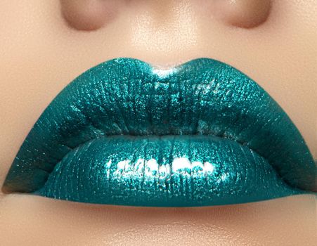 Glamour green Gloss Lip Make-up. Fashion Makeup Beauty Shot. Close-up Sexy full Lips with celebrate Aquamarine glossy lipstick