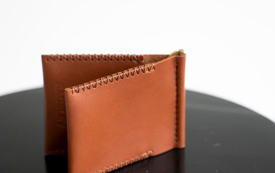 Orange men's money clip handmade leather wallet. Empty money clip wallet with a two pockets for cards