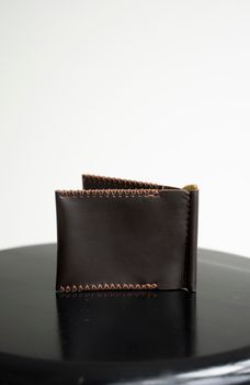 Brown men's money clip handmade leather wallet. Empty money clip wallet with a two pockets for cards