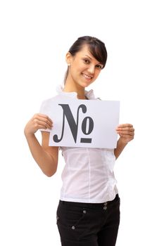 The beautiful business woman shows a symbol on a white background