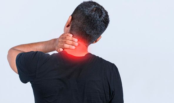 Neck pain and stress concept, man with neck muscle pain, Close up of person with neck pain, a man with neck pain on isolated background.