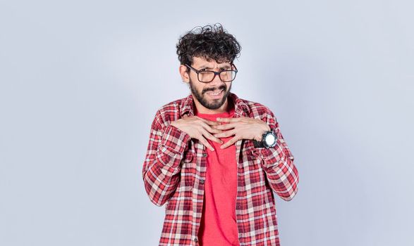 Guy with disgust expression, man with disgust expression with hands on his chest, man with disgust face isolated