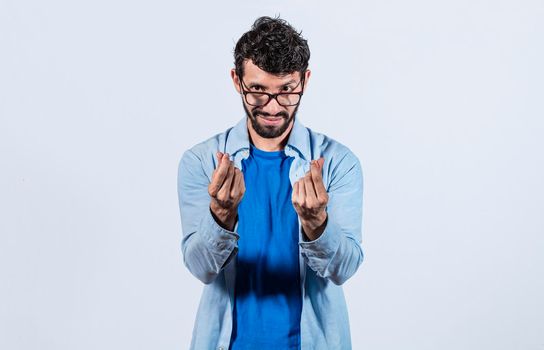 Cunning man rubbing fingers showing money gesture, gesture of man asking for money with fingers, man rubbing fingers asking for cash