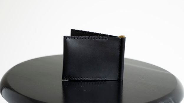 Black men's money clip handmade leather wallet. Empty money clip wallet with a two pockets for cards