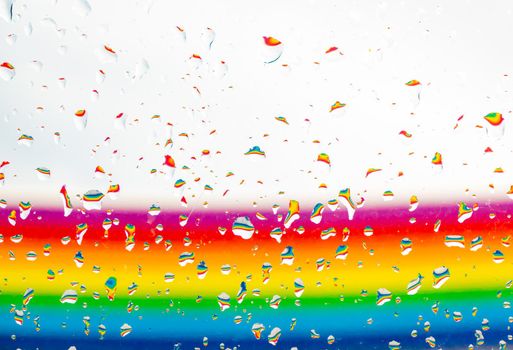 abstract colorful horizontal rainbow background with water drops on a glass with bubbles