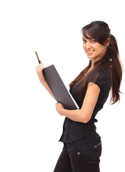 Smiling business woman. Isolated over white background