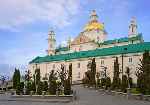 orthodox church with golden domes, Trinity cathedral and bell tower in Pochaev Lavra Pochayiv Lavra , Ukraine