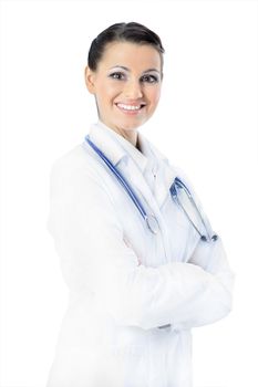 Attractive woman doctor. Isolated on a white background.