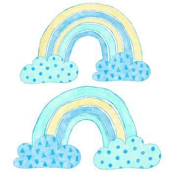 Watercolor hand drawn illustration of blue yellow rainbows in clouds. Boy baby shower design for invitations greeting party, nursery clipart is soft pastelcolors modern minimalist print for kids children