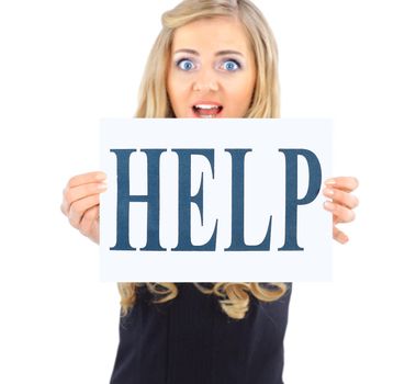 Happy smiling young business woman showing blank signboard