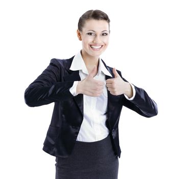 smiling business woman showing thumbs up.isolated on white. photo with copy space