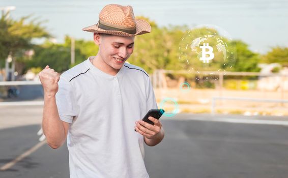 Man using smart phone with bitcoin symbol floating on screen, man checking cell phone with bitcoin symbol floating on screen, A man earning bitcoin from his cell phone