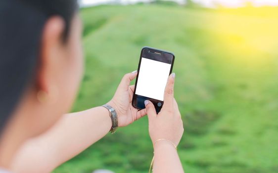 Hands of a woman taking a selfie in the field, hands of a woman taking a selfie