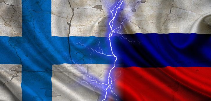 Flag of Russia vs Finland, concept of confrontation between Russia and Finland, cracked wall with flag of russia and finland, confrontation between russia vs finland