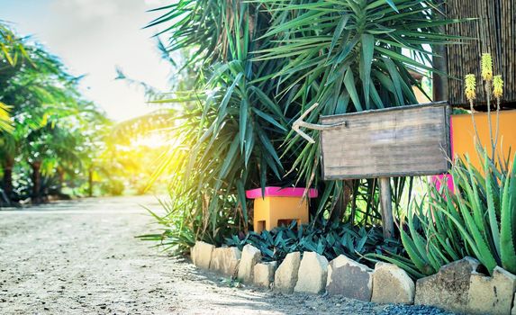 Wooden sign with space for text, Wooden sign in a garden. wooden sign on the edge of a nice road