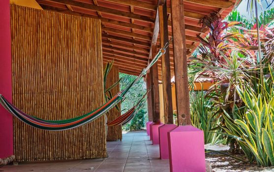 Close up of a holiday hammock, hammocks in a cabin with copy space, relaxation concept