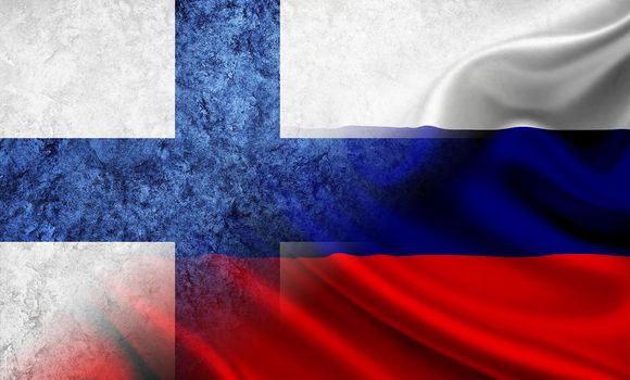 Concept of confrontation between Russia and Finland, Russia vs Finland flag, cracked wall with russia and finland flag, confrontation between russia vs finland