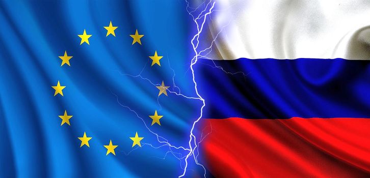 Russia vs european union, countries confrontation concept, european union flag vs russia flag, conflict of interest concept