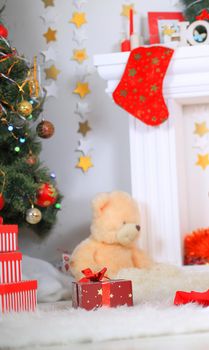 Christmas composition with soft toy and Christmas gifts .photo with copy space