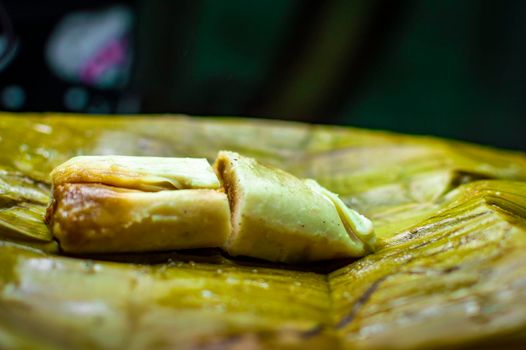 Nicaraguan stuffed tamale with copy space, Nicaraguan food stuffed tamale