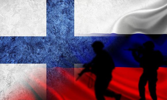Russia vs Finland flag, concept of war between Russia and Finland, silhouette of soldiers on russia vs finland flag, cracked wall with russia and finland flag, confrontation between russia vs finland