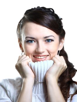 Thoughtful beautiful girl in sweater. Isolated on a white background.