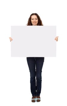 Beautiful businesswoman showing empty white board