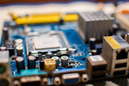 Close up of a motherboard, details of a computer motherboard, detail of a motherboard socket