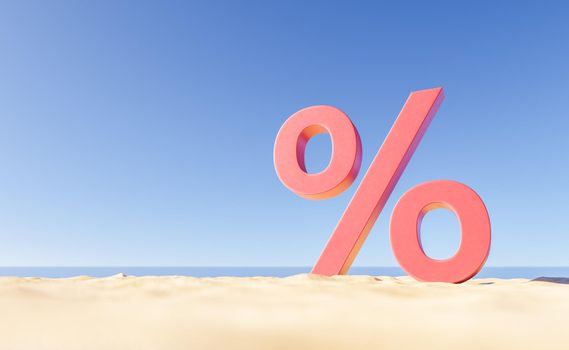 3D rendering of pink percent sign on sandy beach near calm sea against cloudless blue sky