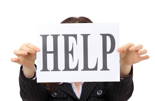 business woman needs help to manage work. Isolated on white background.