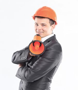 young engineer with a megaphone.isolated on white.