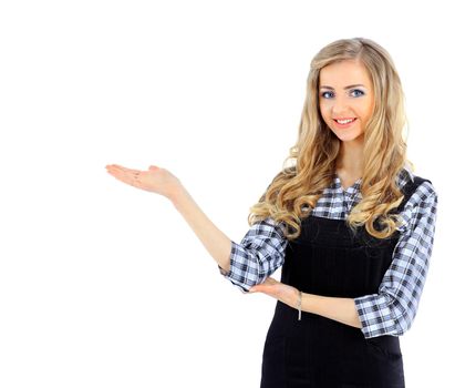 Smiling business woman portrait. White background.