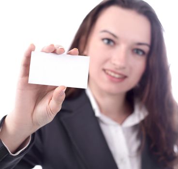 attractive business woman showing blank business card.isolated on white background
