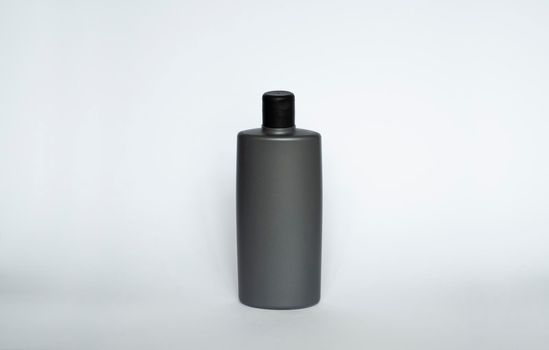 Men's gray shower gel bottle, front view template. Container of conditioner, hair rinse