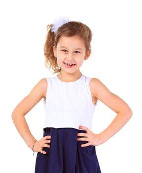 Young girl poses for a picture. Isolated on white background