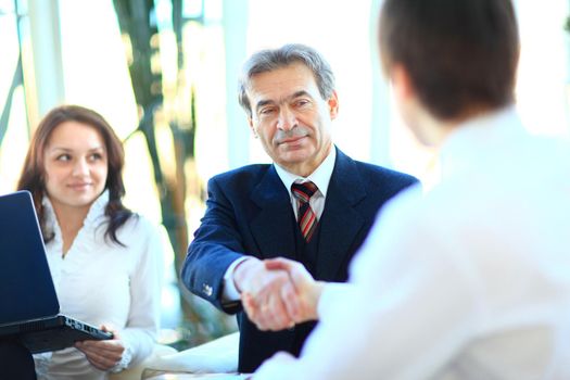 Mature businessman shaking hands to seal a deal with his partner and colleagues in a modern office