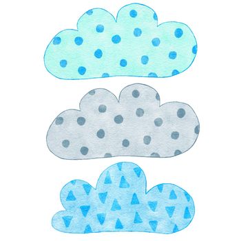 Watercolor hand drawn illustration of blue gray cute clouds. Boy baby shower design for invitations greeting party, nursery clipart is soft pastelcolors modern minimalist print for kids children