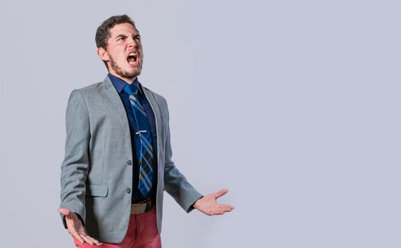 Man in suit screaming loud, Desperate man yelling over isolated background, Business man frustrated yelling