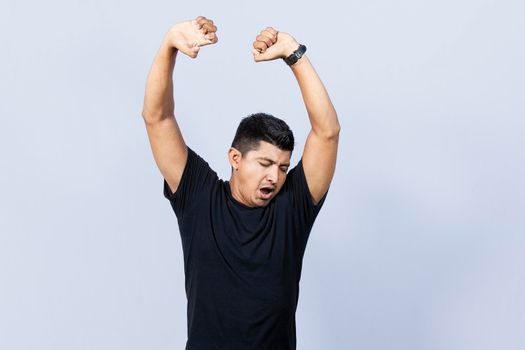 People yawning and stretching his hands, sleepy man stretching his hands isolated, concept of a sleepy exhausted man