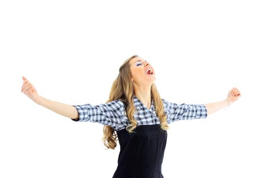 Smiling business woman portrait. White background.