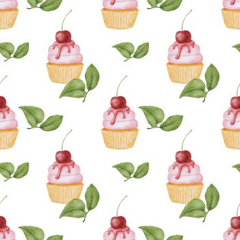 Seamless pattern with Cute watercolor dessert and leaves. Sweets on white. Drawing Food cupcake