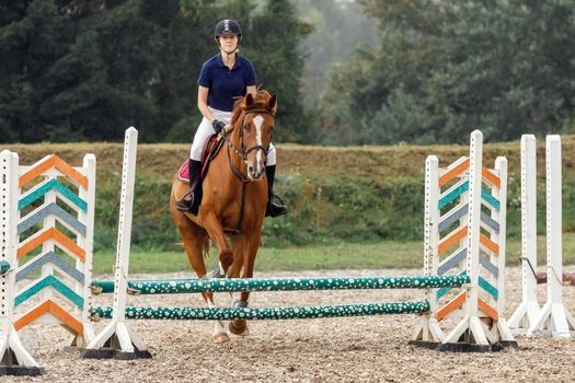 Young female jockey on horse leaping over hurdle.